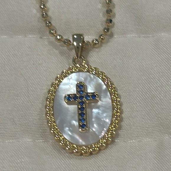 Gold and Blue sapphire Cross Sterling Pendant Necklace - Picture 2 of 8